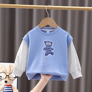 
Boys long-sleeved T-shirt Spring and Autumn Baby Cartoon Fake Two-piece Children's Fashionable Top Children's 2025 New Spring Clothes
