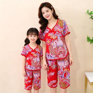 
Parent-child clothing for girls Northeast large flower short-sleeved suit for infants summer cotton silk children's pajamas summer Chinese style baby