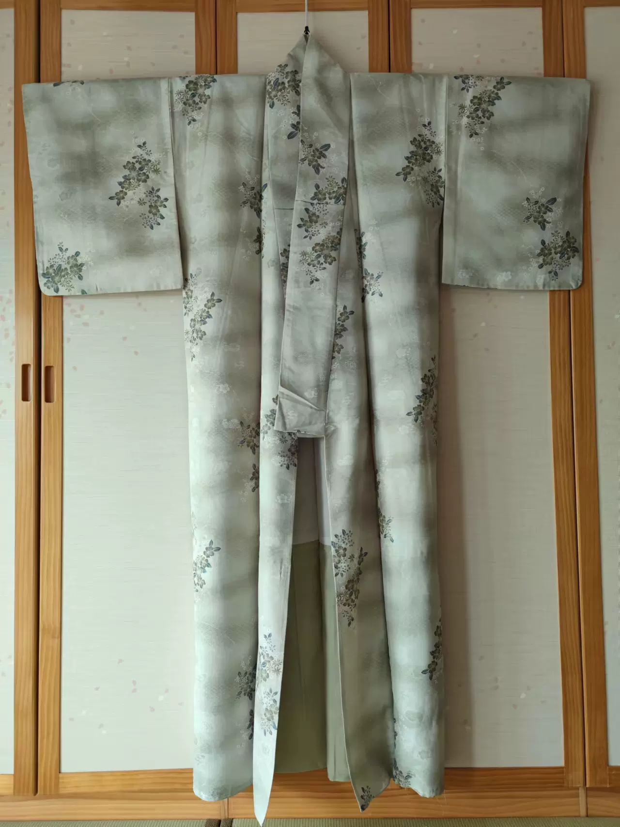 未使用品近新品化纤小纹正统和服日本制灰绿色改衣汉服旗袍-Taobao