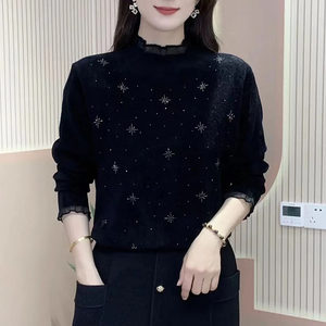 Middle-aged and elderly mothers in spring and autumn new style of hot diamond solid color thin lace collar sweater knitted stretch loose top for women