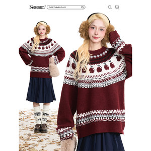 
NERESUM American retro autumn and winter pullover sweater for women Fair Isle jacquard soft and waxy loose versatile sweater