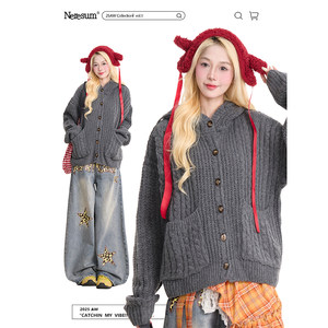 
NERESUM retro twist knitted hooded sweater for women in autumn and winter lazy style warm loose knitted cardigan jacket