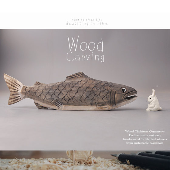 Foreign trade export wood carving animal model big carp trout fisherman hand-carved solid wood ornaments collection