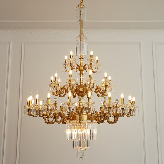 European style full copper crystal long chandelier French staircase ...