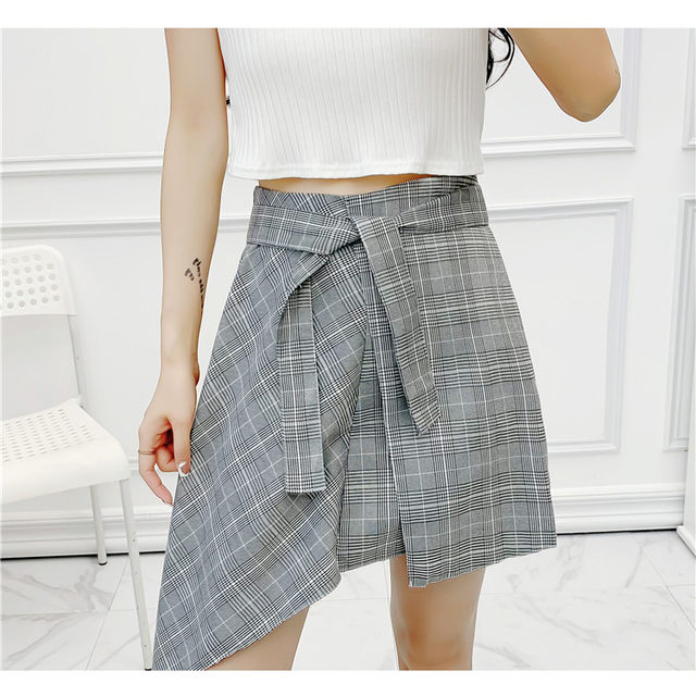 2022 Summer Women's French retro checkered high -waisted tie, thin and thin stitching irregular skirt