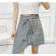 2022 Summer Women's French retro checkered high -waisted tie, thin and thin stitching irregular skirt
