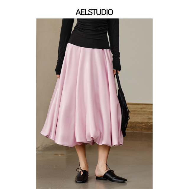 AEL original French white a-line skirt for women 2025 spring light luxury high-end exquisite satin cake puffy skirt
