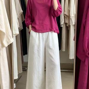 
Retro ramie round neck lantern sleeve shirt for women spring and summer new style artistic large size temperament slim and versatile casual top