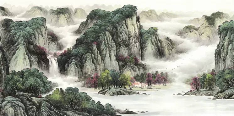 四尺横幅国画精品山水【春山雾海】未装裱印刷品装饰画(T)