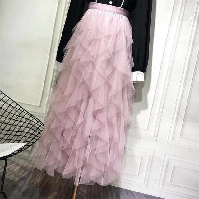 Cake skirt skirt long skirt female autumn and winter skirt irregular ruffled sweet apricot white fairy nets skirt