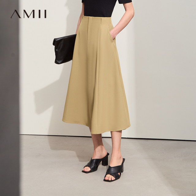 AMII2025 spring new high -end commute wind straight out of the waist loose A -line skirt skirt female black skirt
