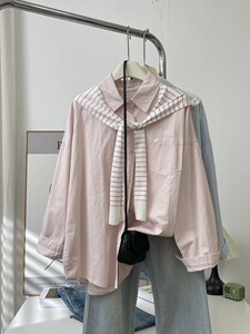 
Shawl two-piece set Japanese and Korean retro Hong Kong style pure cotton pink shirt women's long-sleeved lapel top jacket early spring and autumn