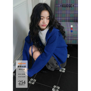 Wide color blue hooded sweater cardigan jacket for women 2025 autumn new small person outfit red top spring