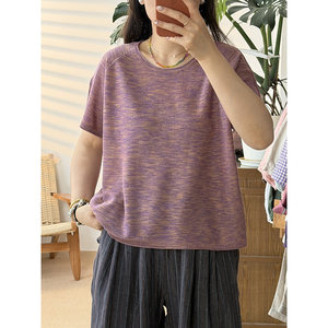 
Hot style dyed linen summer versatile loose printed round neck short-sleeved T-shirt for women 2888