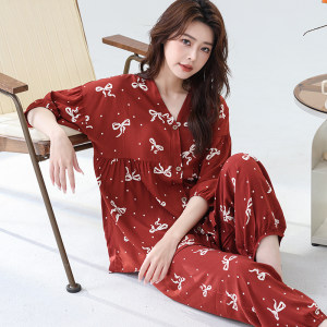 Mom cotton silk pajamas female middle -aged and elderly artificial cotton summer seven -point sleeve suit two sets of home clothes increase
