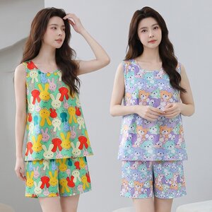 
Summer Women's Thin Vest Shorts Cotton Silk Pajama Set Plus Fat Plus Larger Artificial Cotton Silk Home Clothing Sleeveless