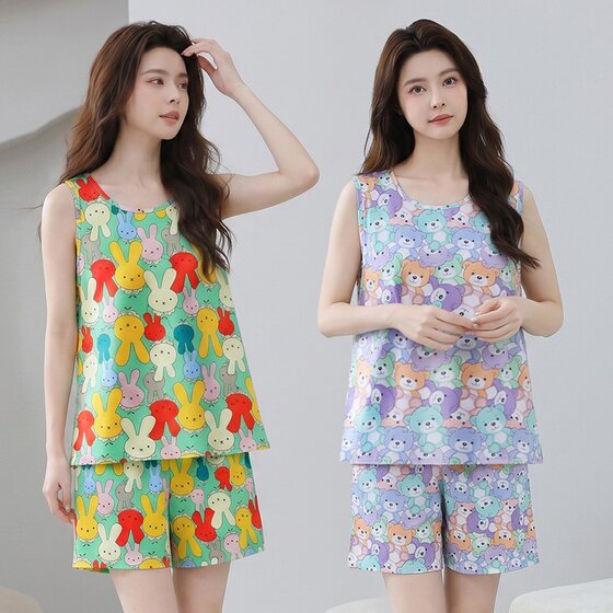 
Summer Women's Thin Vest Shorts Cotton Silk Pajama Set Plus Fat Plus Larger Artificial Cotton Silk Home Clothing Sleeveless
