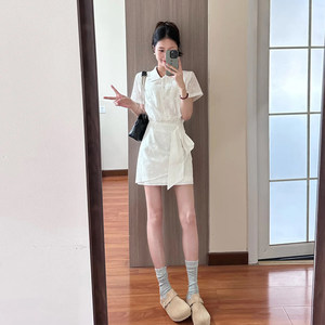 
French high-end white polo collar shirt dress for women summer design waistline and temperament hollow skirt