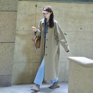 
Design-sensual niche lapel single-breasted loose windbreaker jacket for women's spring and autumn new temperament casual long coat