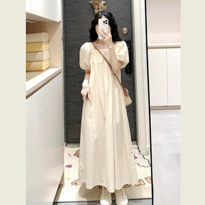 
French high-end pleated elastic square collar dress for women in summer loose slim puff sleeve casual A-line skirt