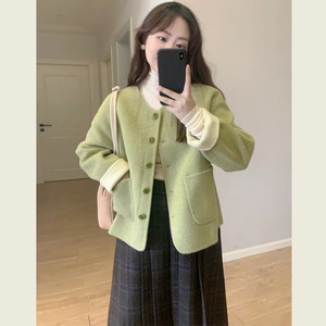
Korean style green small fragrant woolen short coat for women in spring and autumn small people simple loose slim woolen coat
