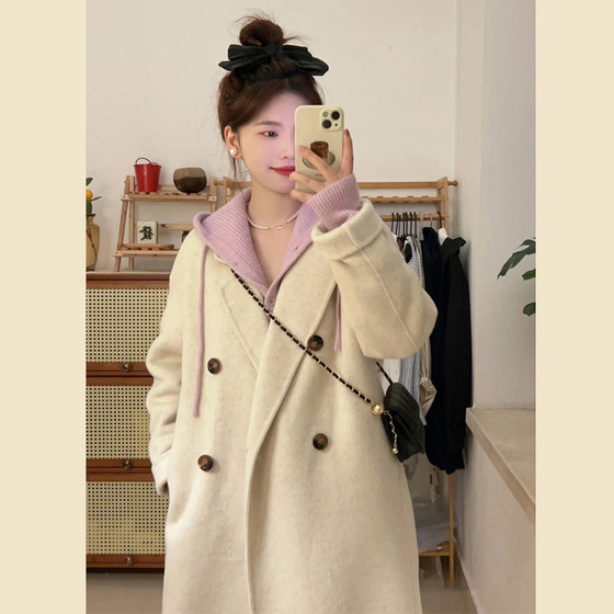
High-end oatmeal woolen coat 2023 autumn and winter Korean style Hepburn style small woolen coat women's mid-length