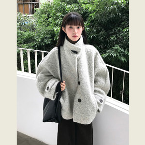 
Cloud white silhouette stand-up collar circling wool coat for women autumn and winter new style lazy style short woolen coat for small people