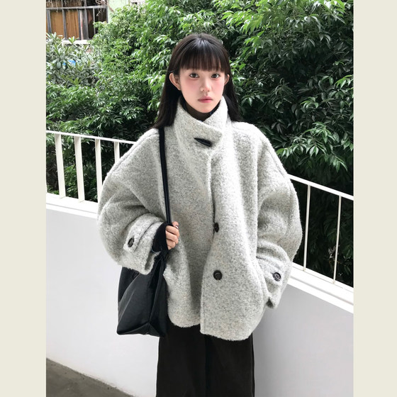
Cloud white silhouette stand-up collar circling wool coat for women autumn and winter new style lazy style short woolen coat for small people