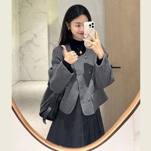 Korean Hepburn style gray short woolen jacket in autumn and winter small double-breasted round neck short simple top