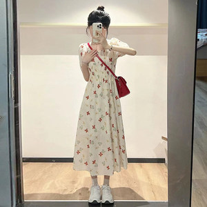 Gentle style red floral dress for women in summer waist 2024 new French puff sleeve square collar slim long skirt