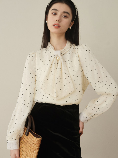 Ron French Polka Dot Pearl Shirt 2024 Early Spring New Design Bow Chic White Top T