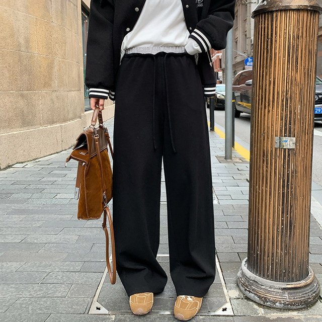 NAZ large size autumn and winter new elastic waist loose slim straight wide leg pants fat mm black casual pants