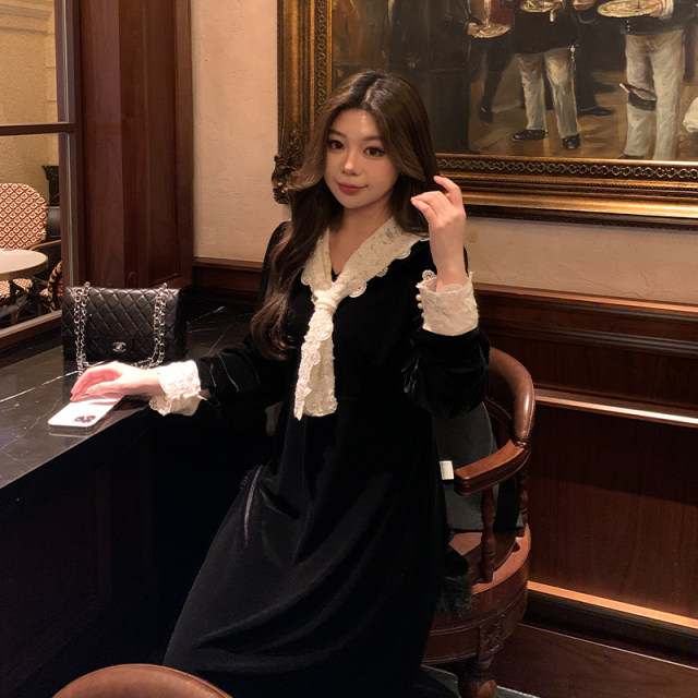 NAZ plus size winter new French composite temperament fat mm design western style women's v-neck velvet dress