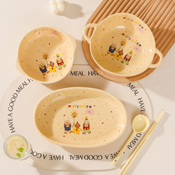 Cute Ceramic Tableware Set with Double-Handle Bowl, Rice Bowl, Chopsticks, Plate, Soup Bowl, Underglaze Color