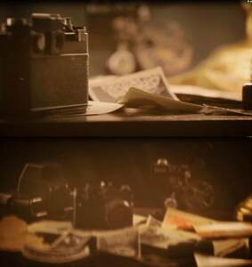 
Retro old camera nostalgic history old photos memories wood grain desktop film photos stacked display ae template