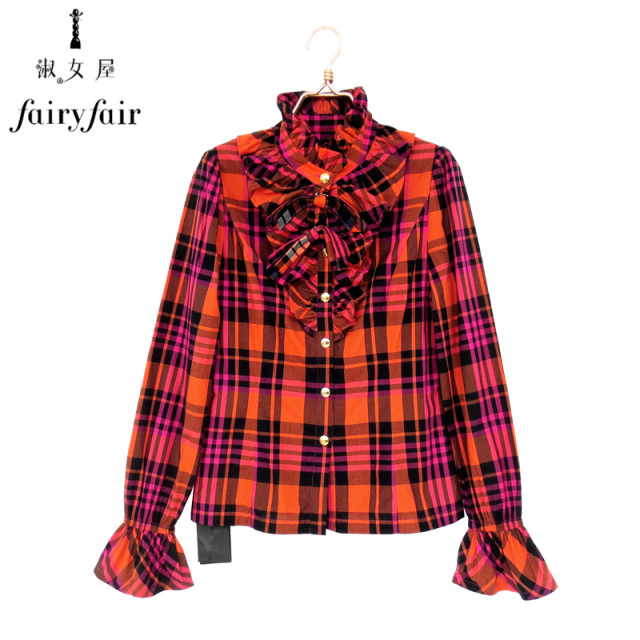 New Fairyfair counter genuine rose red orange plaid stand collar ruffled bow cotton high-end shirt