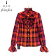 New Fairyfair counter genuine rose red orange plaid stand collar ruffled bow cotton high-end shirt