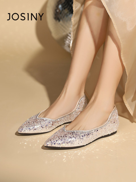 Zhuosini Flat Champagne Golden Xiuhe Wedding Shoes 2024 Spring New Style Bright versatile and Untiring Single Shoes for Women