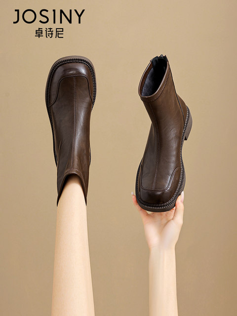 Zhuoshini boots for women 2025 spring new women's boots brown retro Martin boots thick heel plus velvet thin boots
