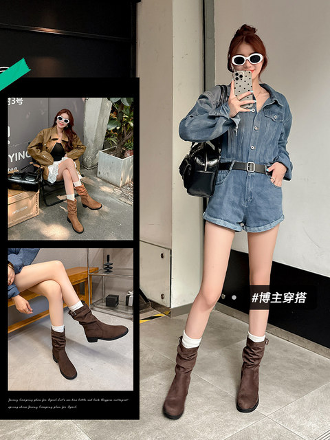Zhuosini soft leather frosted pile boots for women's autumn and winter 2025 new thin boots retro round toe super hot boots