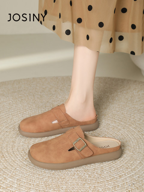 Zhuoshini leather-faced Birkenstock shoes for women 2025 summer new style bag-toe half-slippers wear versatile and one-foot-punch Muller-drag