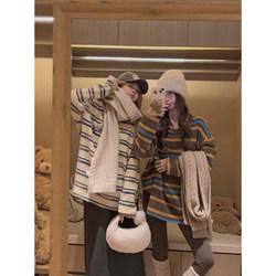 Yukiss Dachshund Color-Block Striped Fleece-Lined Thickened T-Shirt for Women, Winter Korean Style Loose Slimming Base Shirt Top Trendy