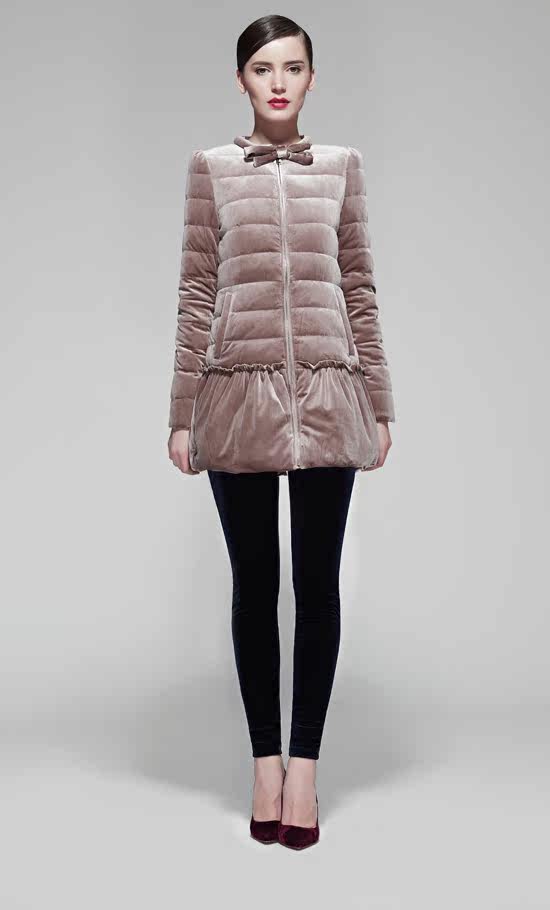 可可尼新款正品修身羽绒服 女款 绒面拼接中长款羽绒衣2332150137