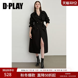 
DPLAY2025 Autumn New Black Windbreaker Coat Women's Loose Temperament Lapel Raglan Sleeve Long Coat