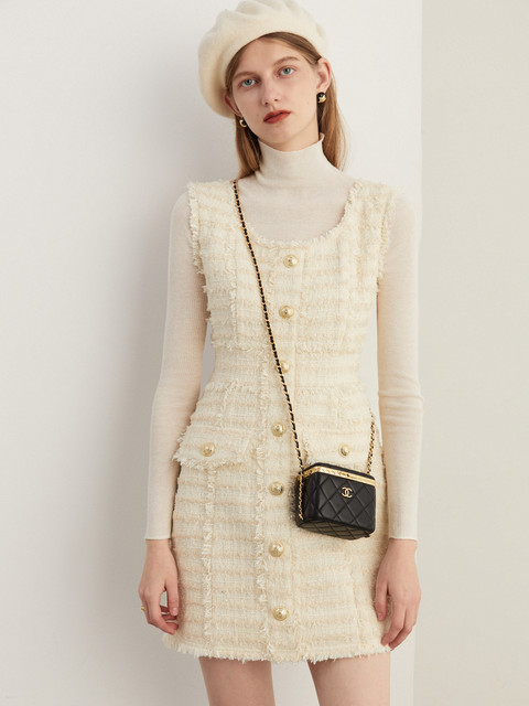 Clearance DPLAY light luxury socialite Xiaoxiangfeng apricot tweed vest ...