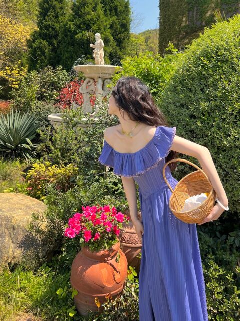 Joe and Joey Blueberry Girl French pastoral style ruffled vacation skirt long dress slim summer
