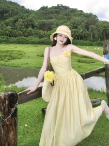 Joe and Joey Cheese Latte Light Yellow Sling French Temperament Long Dress Vacational Dress