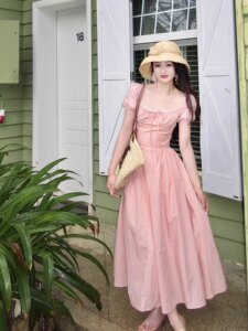 Joe and Joey Soft Peach Pink Square Collar French Dress Waist-Close Vacation Style Long Skirt Temperament