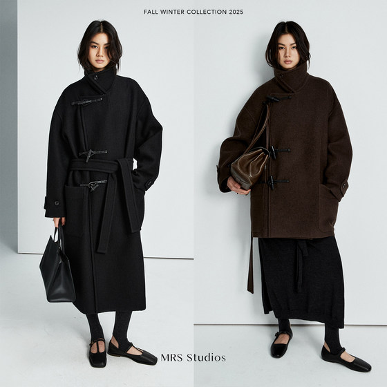 
MRS Studios LM style wooden horn button asymmetric side button placket wool mid-length coat jacket