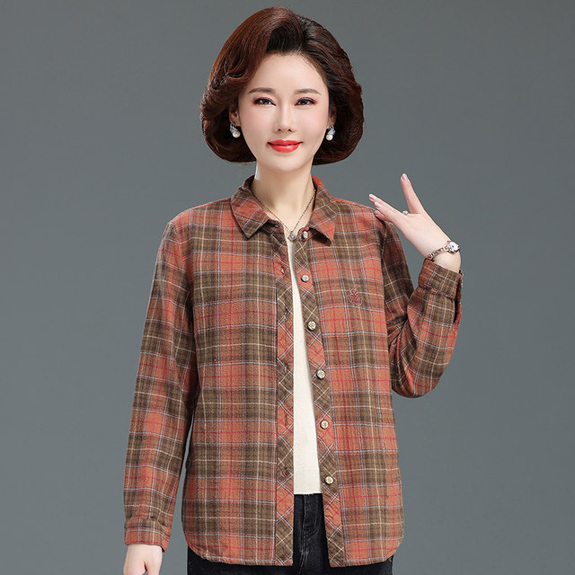Mom Spring and Autumn Long Sleeve Shirt 2025 New Middle-aged and Elderly Temperament Middle-aged Pure Cotton Plaid Large Size Shirt